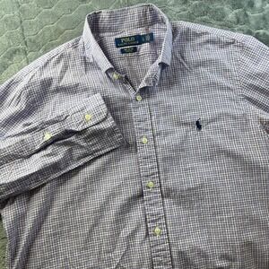 Polo Ralph Lauren Button Down Shirt Mens Large Purple Plaid Cotton Stretch